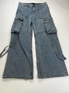 Love For Humanity Wide Leg Cargo Jeans for Women - Light Blue Denim